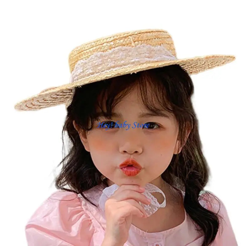 Baby Girl Straw Panama Hat | Wide Brim Sun Hat with Lace Strap