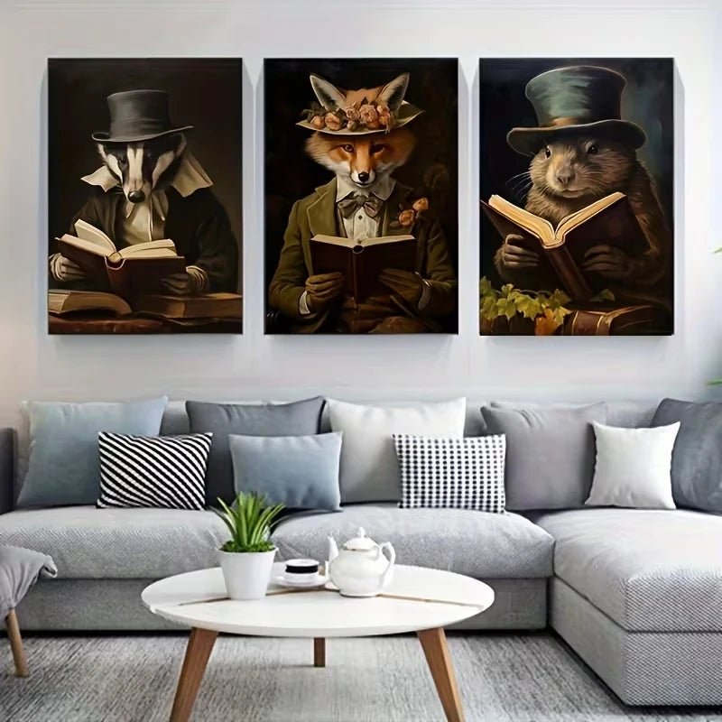 3-Piece Gentleman Animals Reading Canvas Wall Art Print Set Canvas Wall Art Set Peaceful Pleasures Health and Wellness