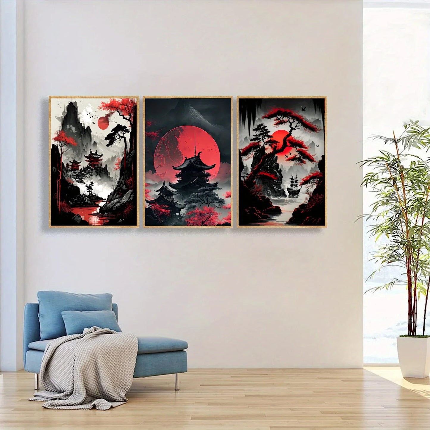 Landscape Canvas Painting Black And Red Posters Vintage Ink Art Wall Prints For Living Room Home 3pcs Frameless Japanese Natural Peaceful Pleasures Health and Wellness T80232-98 20x30cm Unframed