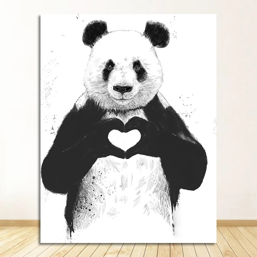 Nordic Cartoon Panda & Boston Terrier Canvas Wall Art Poster