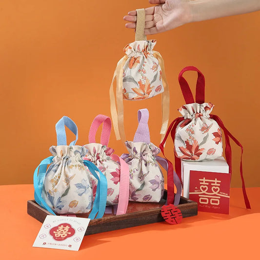 Retro Flower Drawstring Candy Bag | Wedding & Party Gift Pouch Gift Bag Pouch Oasis Select