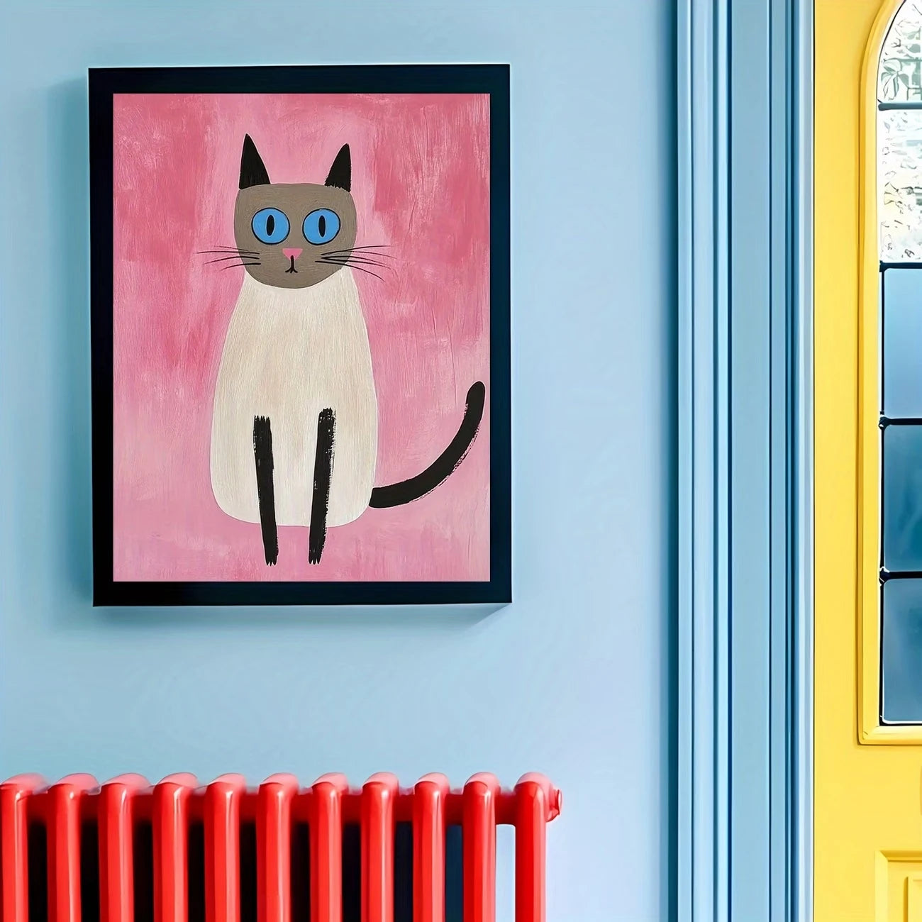 Blue-Eyed Cat Canvas Wall Art | Vibrant Pink Background Print