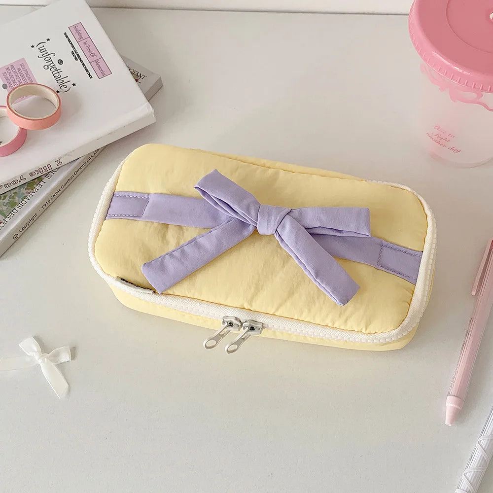 Soft Fabric Pencil Case Student Simple Bow Storage Bag Stationery Bag DIY Journal Desktop Storage Bag Practical Stationery Bags Peaceful Pleasures Health and Wellness YELLOW