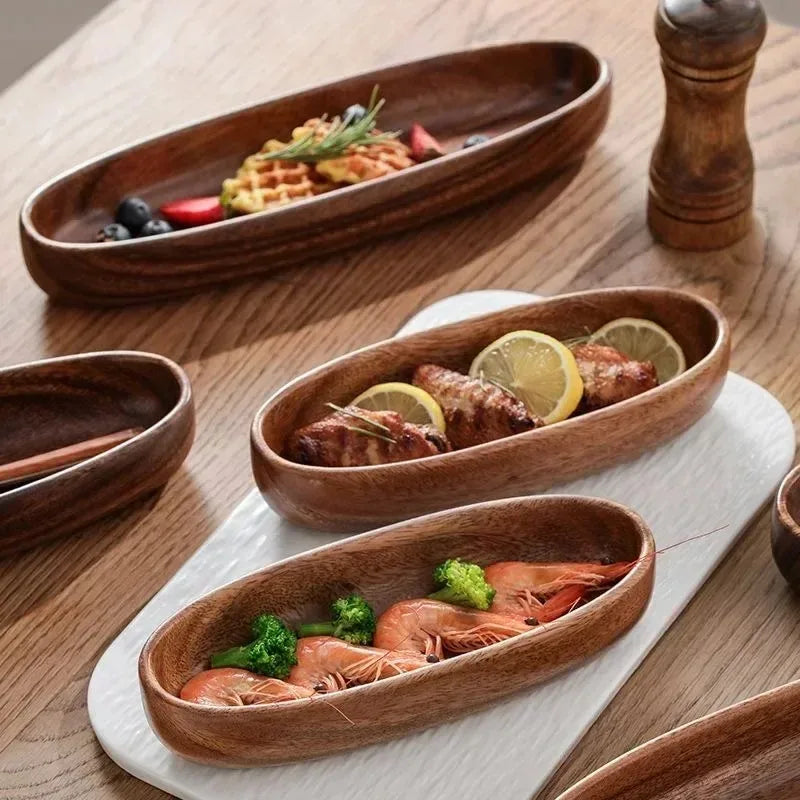 Solid Walnut Wood Boat-Shaped Serving Bowl & Fruit Plate | Premium Dry Fruit, Sushi, Nut & Tea Tray