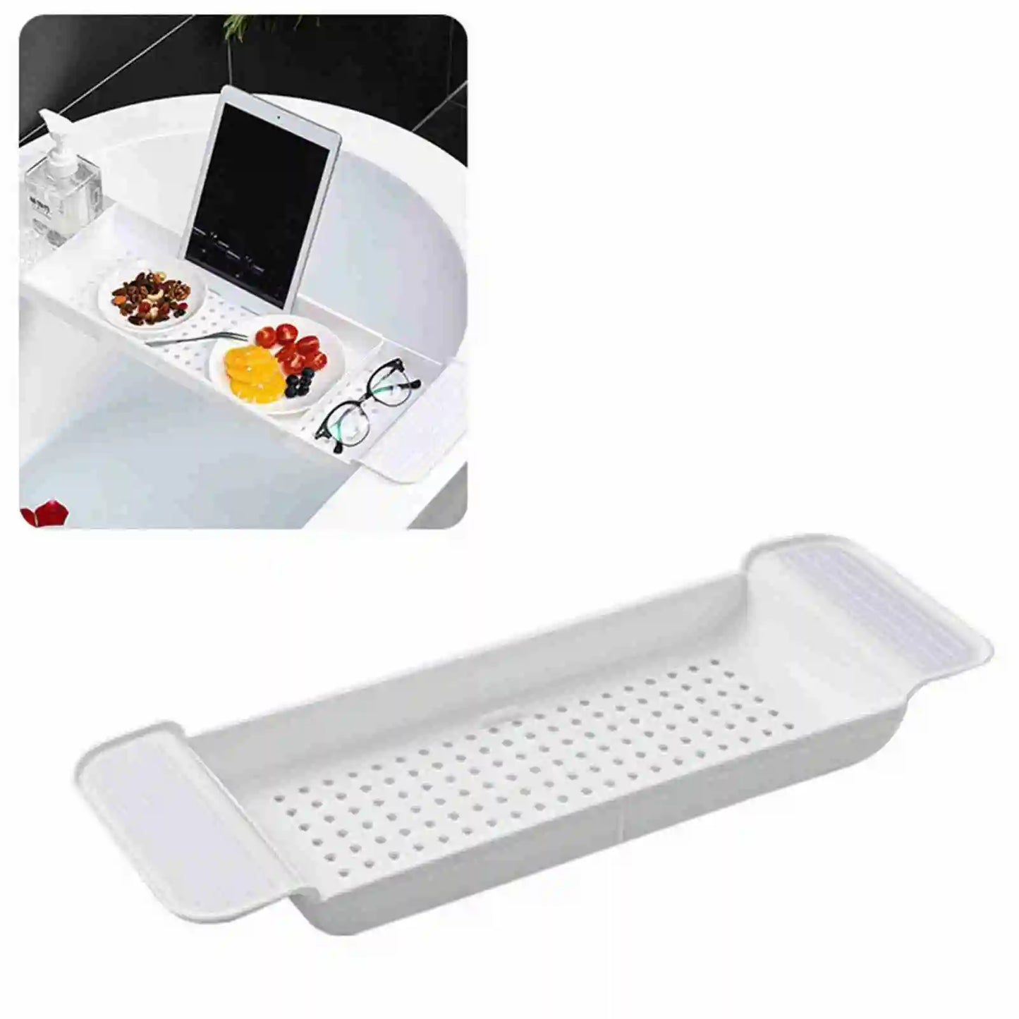 Bathtub Tray Stable Placement Expandable Plastic Material Draining Design Bath Tub Table for Bathroom Bath Tub Table Peaceful Pleasures Health and Wellness
