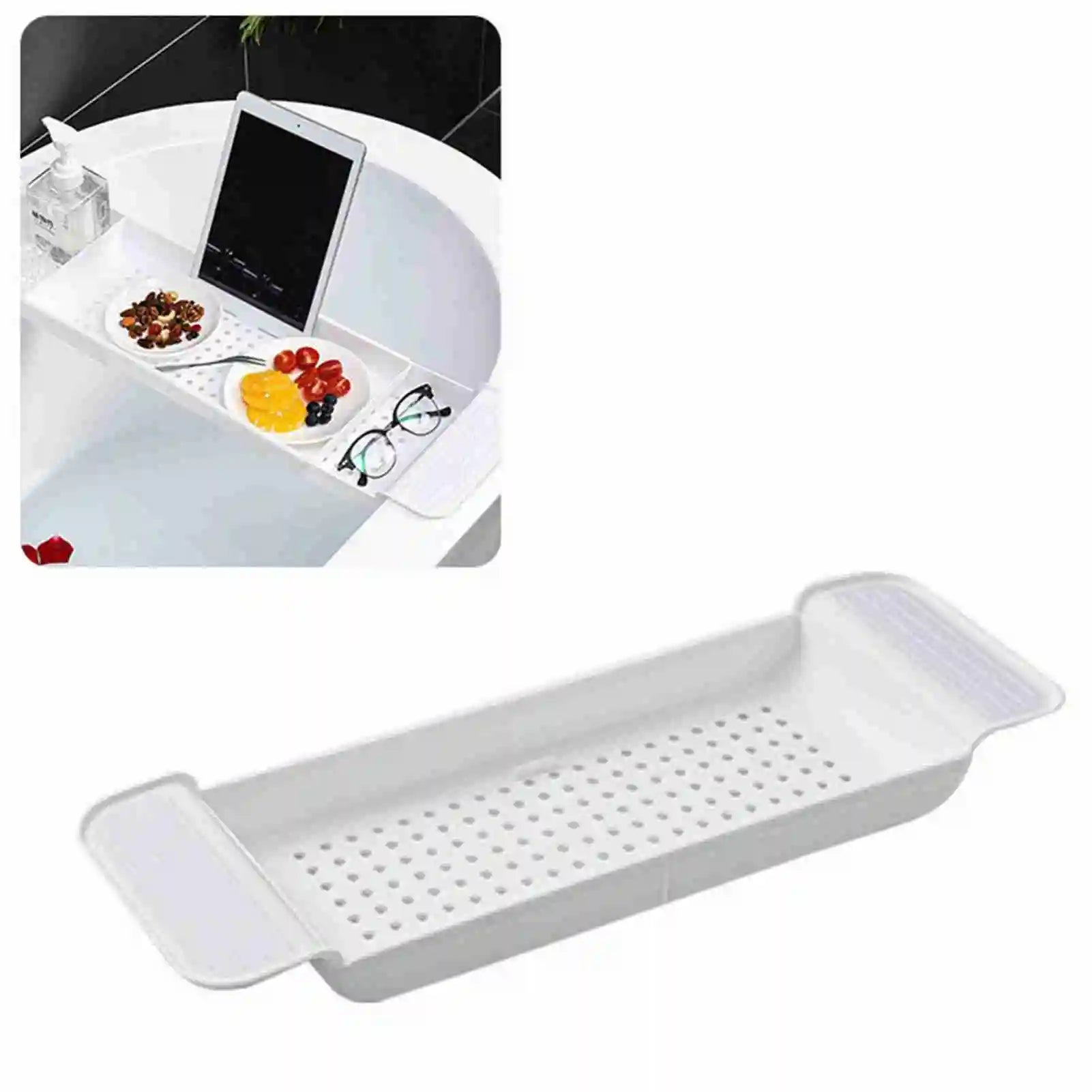Bathtub Tray Stable Placement Expandable Plastic Material Draining Design Bath Tub Table for Bathroom Bath Tub Table Peaceful Pleasures Health and Wellness