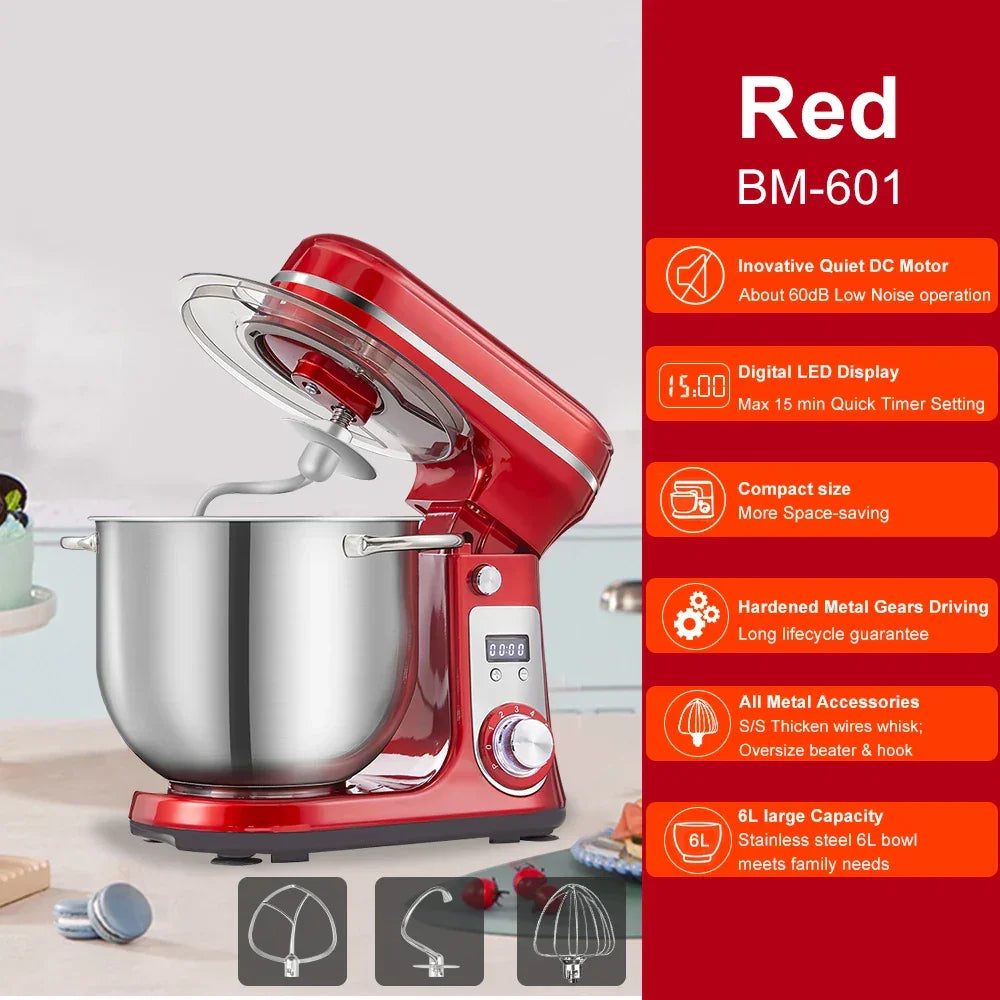 BioloMix Kitchen Food Stand Mixer, Blender, Quiet Motor, Cream Egg Whisk, Whip Dough Kneader, 6-Speed, 1200 W, 6 L, DC Peaceful Pleasures Health and Wellness 6L Red BM-601 UK UNITED KINGDOM