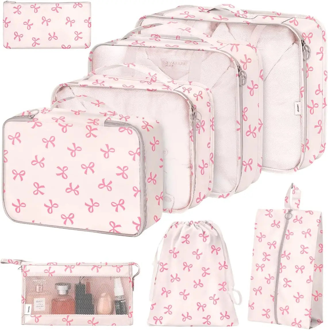8-Piece Packing Cubes Set for Travel – Pink Bow Design Peaceful Pleasures Health and Wellness United States