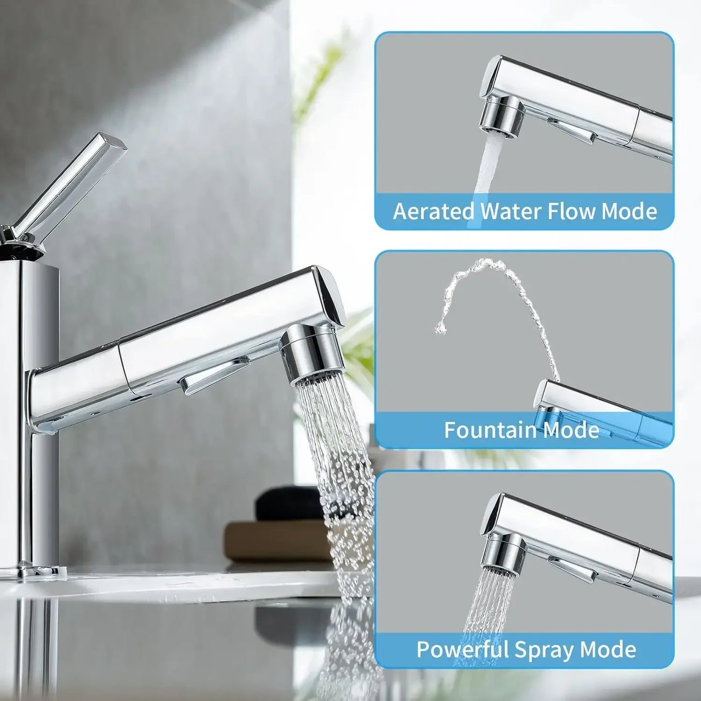 3-Pattern Pull-Out Bathroom Faucet | Single Hole Swivel Spout