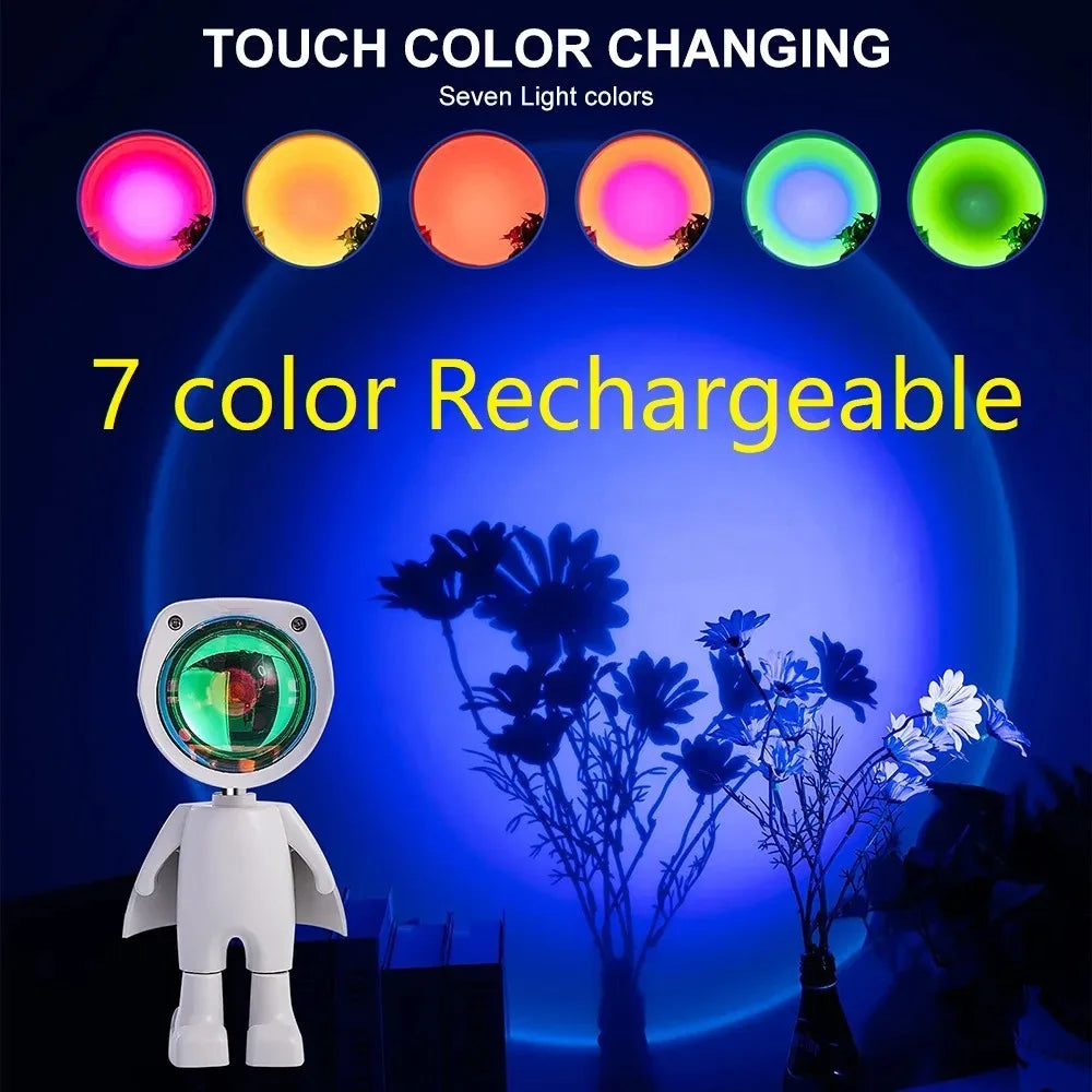 Rechargeable Astronaut Robot Rainbow Projection Sun Lamp Table Night Light Sunset Lamp Infinite Dimming Bedroom Atmosphere Light Peaceful Pleasures Health and Wellness 7 colors changeable Rechargeable