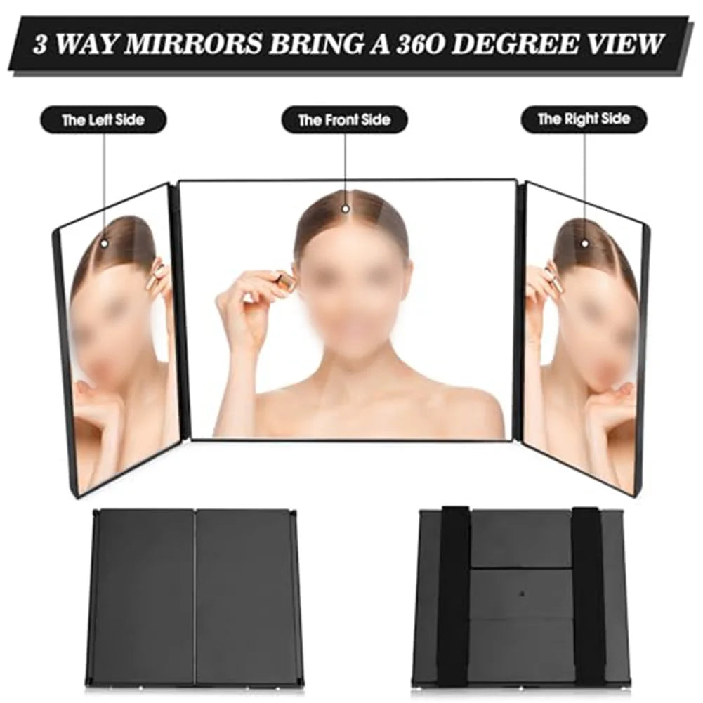 Black Portable 3-Way 360-Degree Folding Mirror Haircut Shaving Makeup