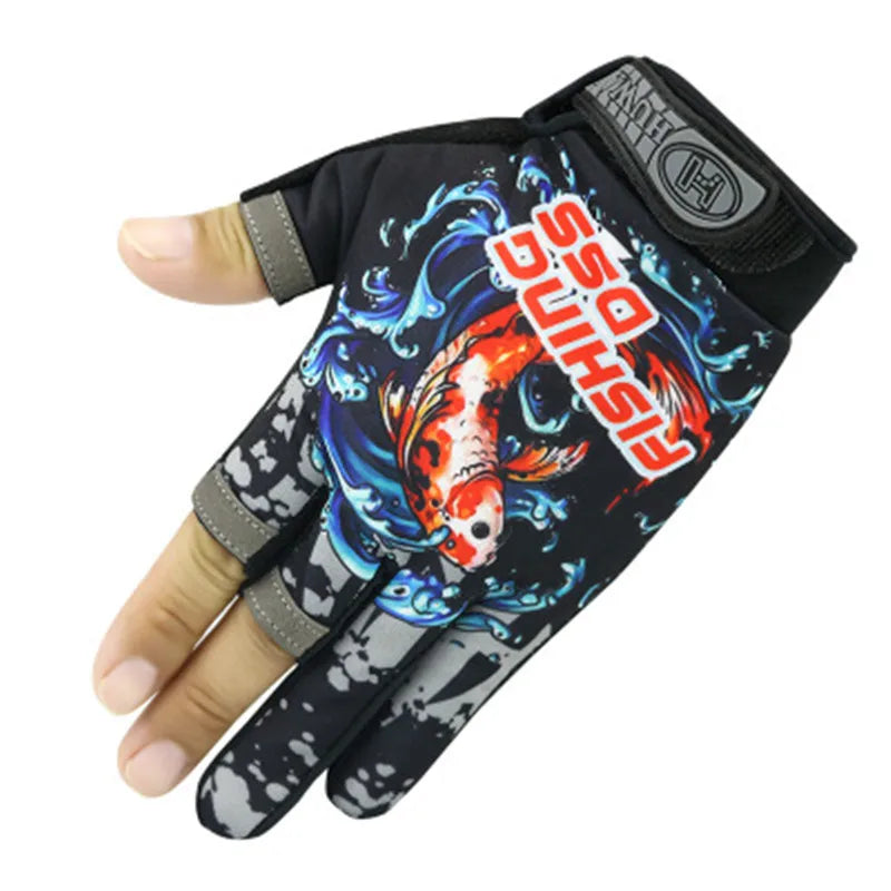 Fishing Flina Gloves for Men and Women Three Fingers Exposed Spring and Summer Breathable Thin Sports Anti-slip Gloves Peaceful Pleasures Health and Wellness Koi Black