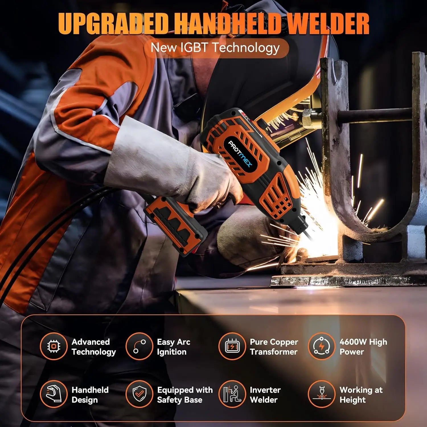 Person using an upgraded handheld welder with sparks flying, featuring new IGBT technology.