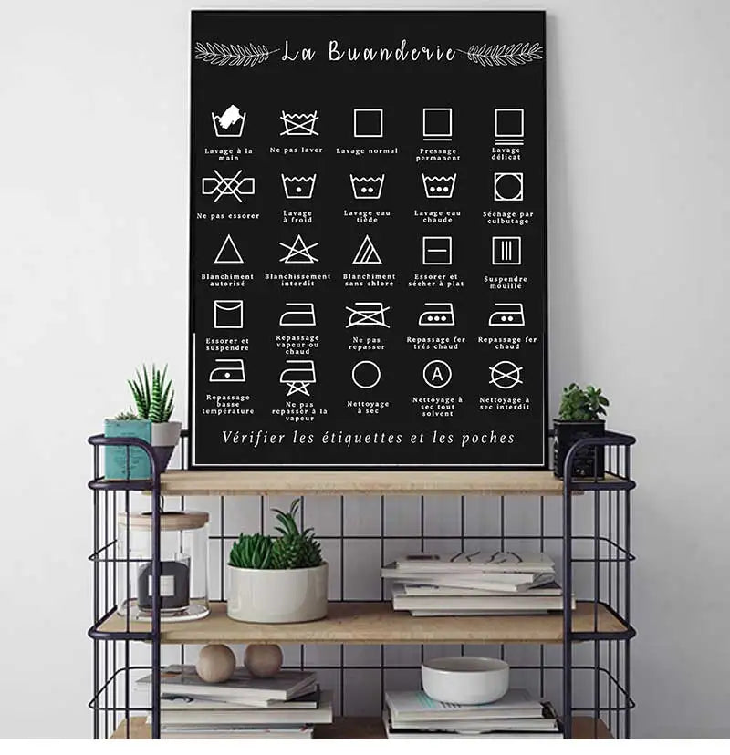 Art Picture Canvas Painting Laundry Room Decor French Symbol Sign Prints Black and White Affiche Buanderie Wall Peaceful Pleasures Health and Wellness