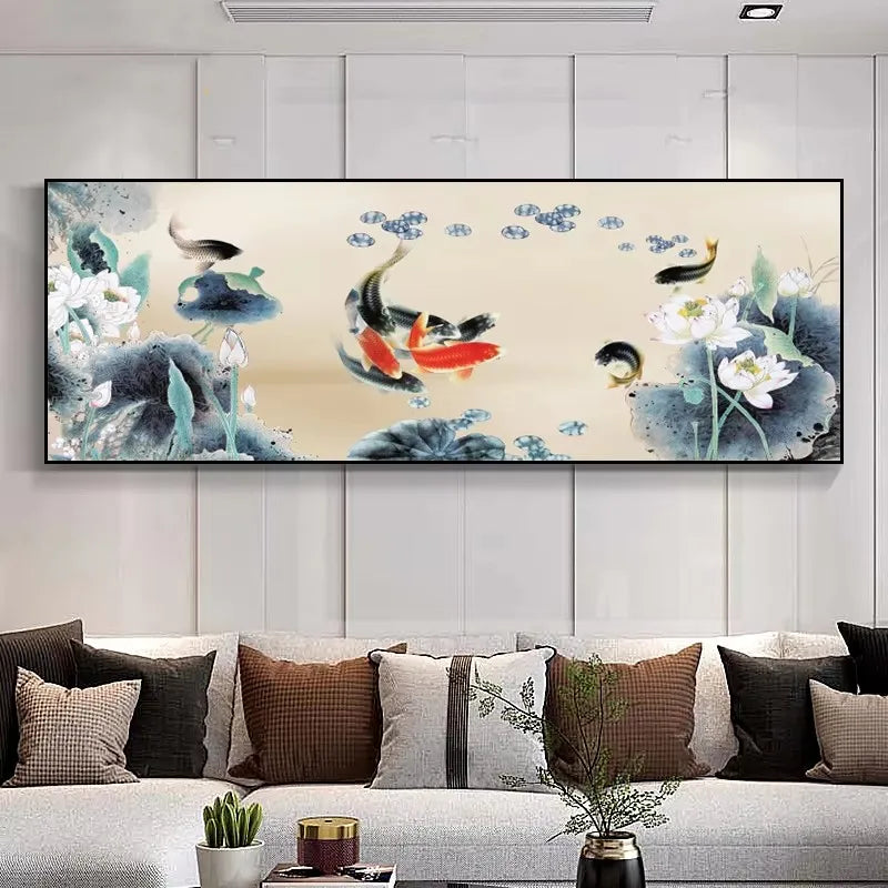 Large Wall Decorative Painting on Canvas Chinese Style Koi Poster Nine Fish Illustration Feng Shui Carp Lotus Pond Home Decor Peaceful Pleasures Health and Wellness ZLH3495 80x240cm Unframed