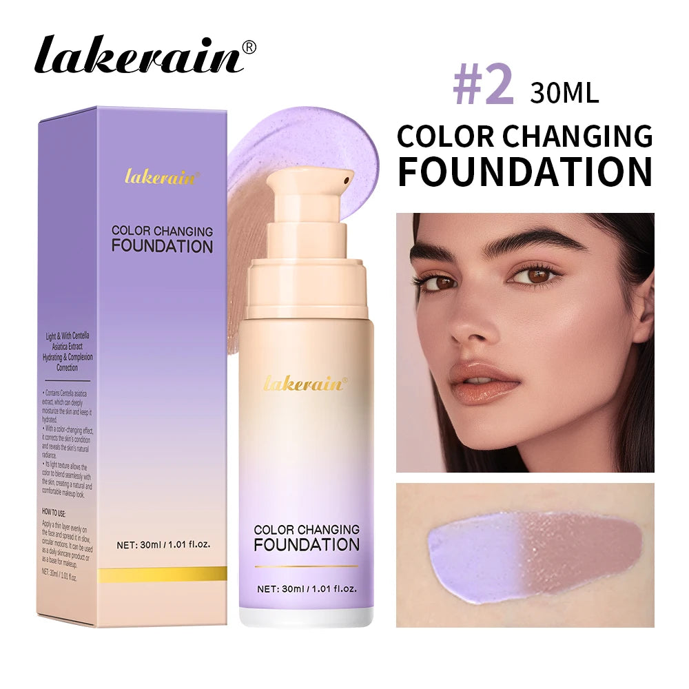 Lakerain Magic Color Changing Foundation Liquid Long Lasting Hydrating lightweight Base Makeup High Coverage Effective Concealer Peaceful Pleasures Health and Wellness PURPLE 30ml