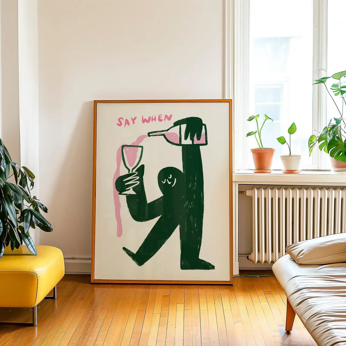 Cozy Wine Toast Abstract Art WALL ART PRINT DECOR – Whimsical "Say When" Typography & Figure, a Cheerful Addition to Brunch Nook Peaceful Pleasures Health and Wellness