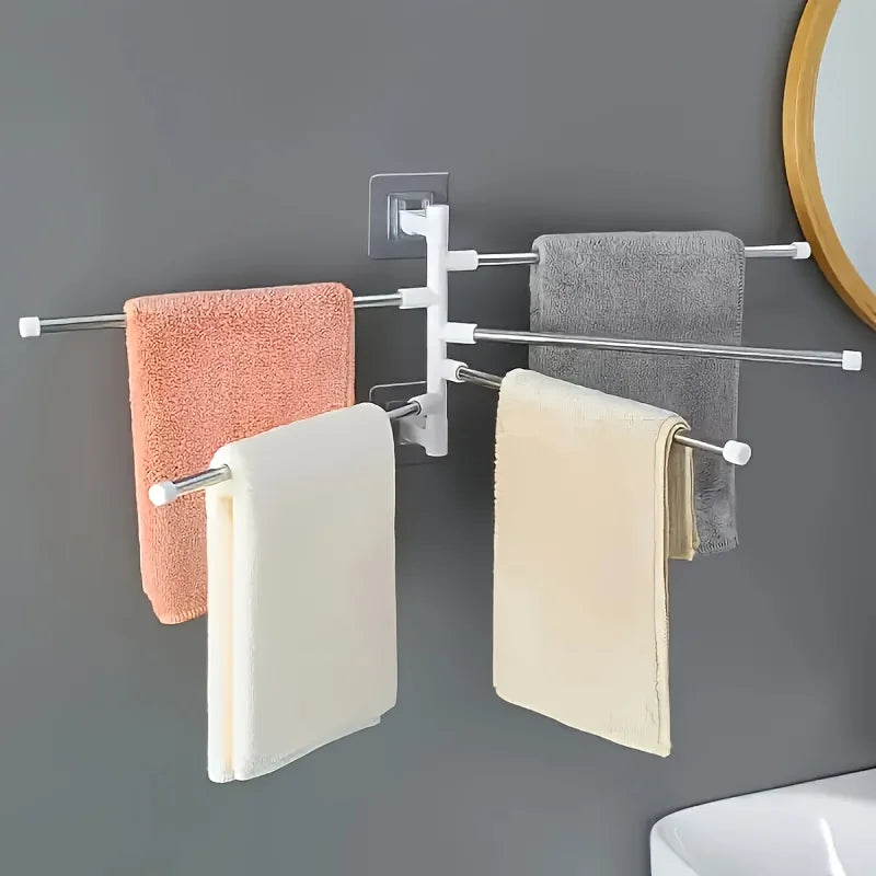 [1pc Rotating Towel Rack Organizer] 1pc Modern Wall-Mounted Bathroom Towel Rack with 180° Rotating Hooks, Punch-Free Stainless Peaceful Pleasures Health and Wellness