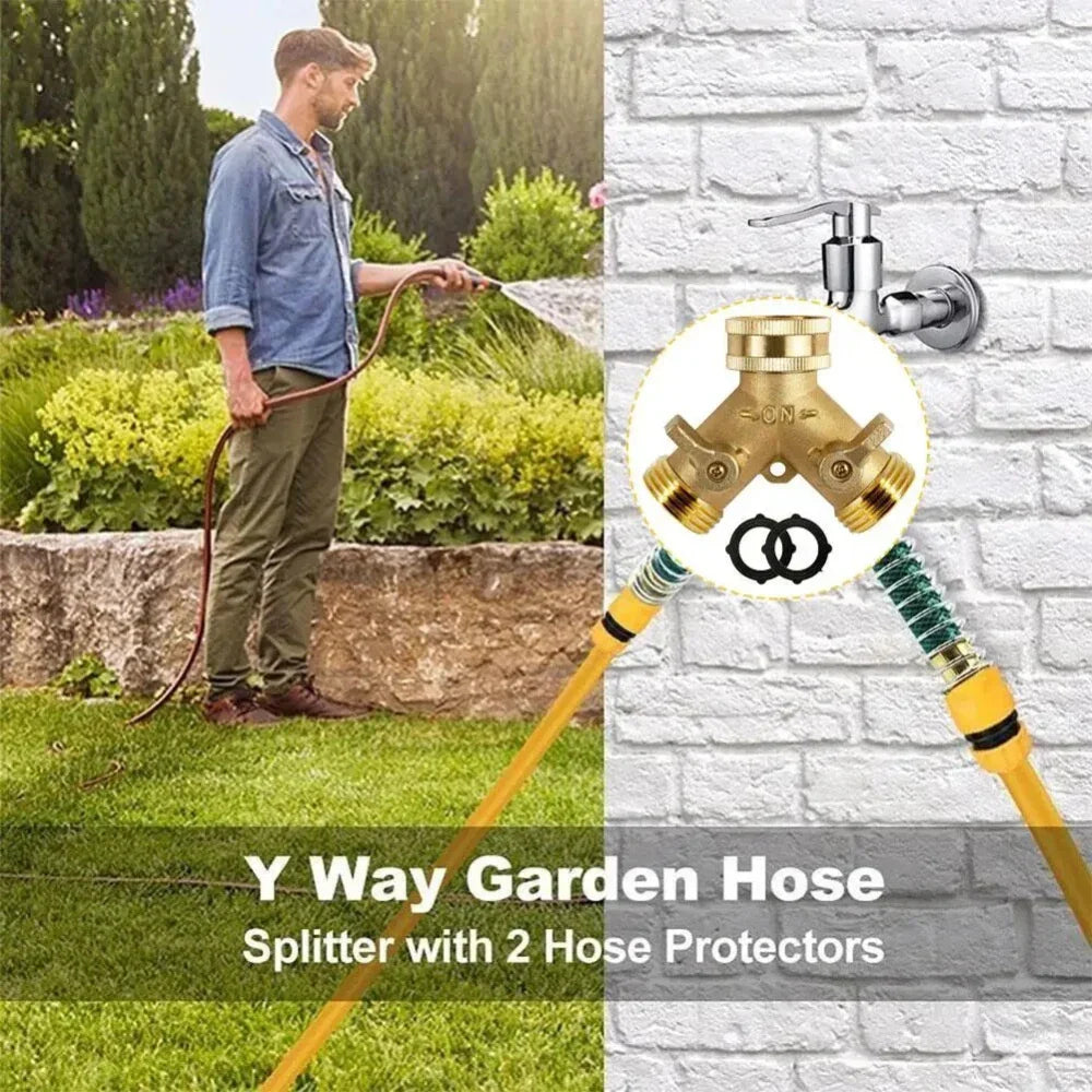 Brass Y-Shaped 2-Way Garden Hose Splitter with Valve Handle