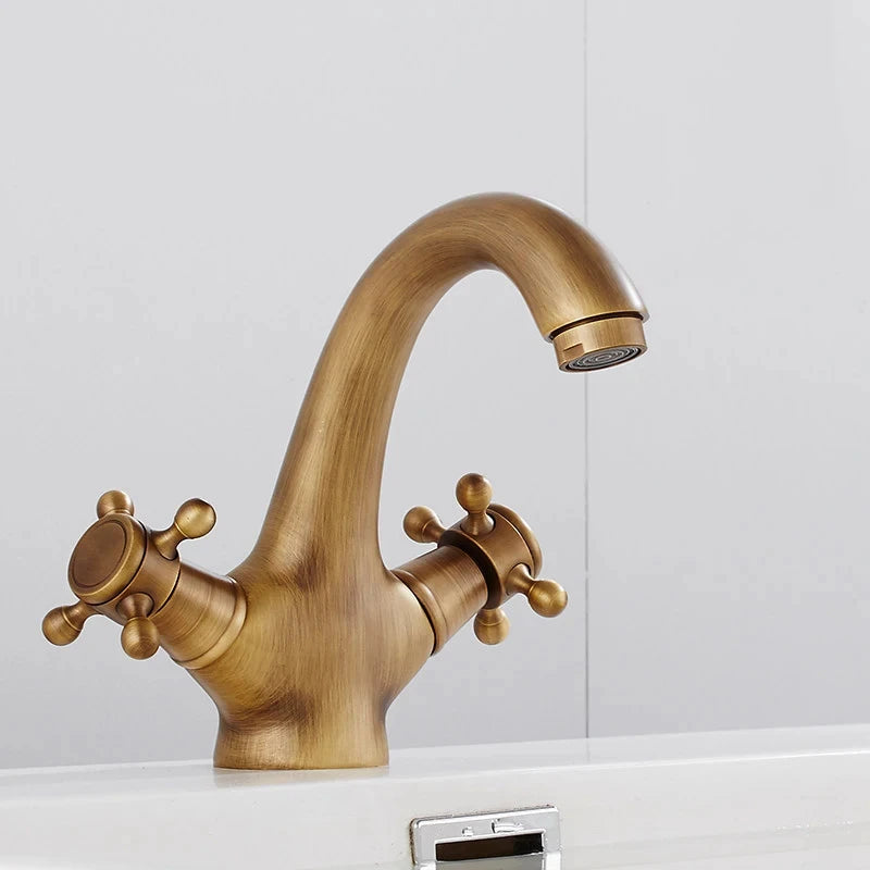 Antique Brass Dual Handle Basin Faucet | Hot & Cold Mixer Tap