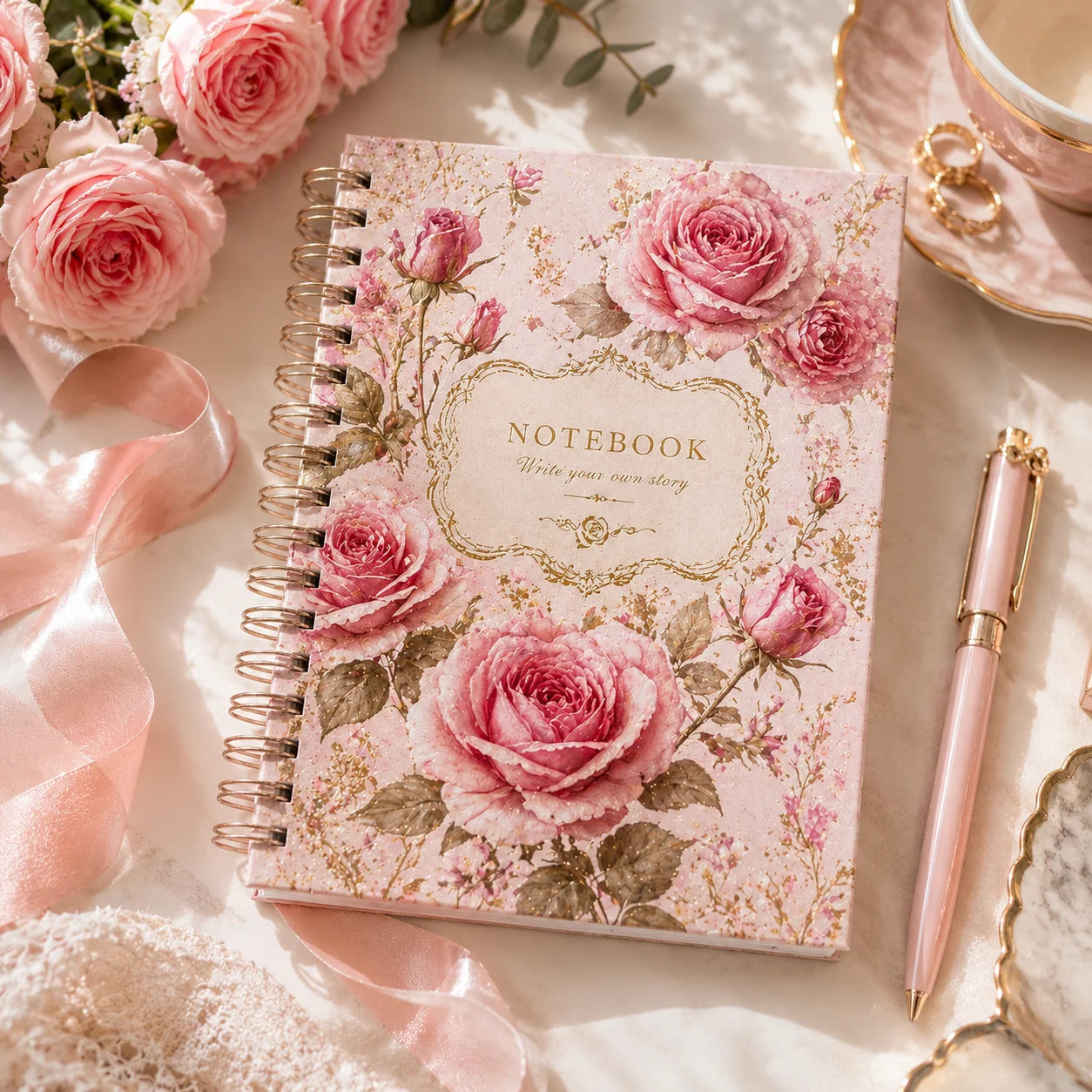 Retro Pink Rose Stamping Coil Notebook Girl Heart Art Handbook