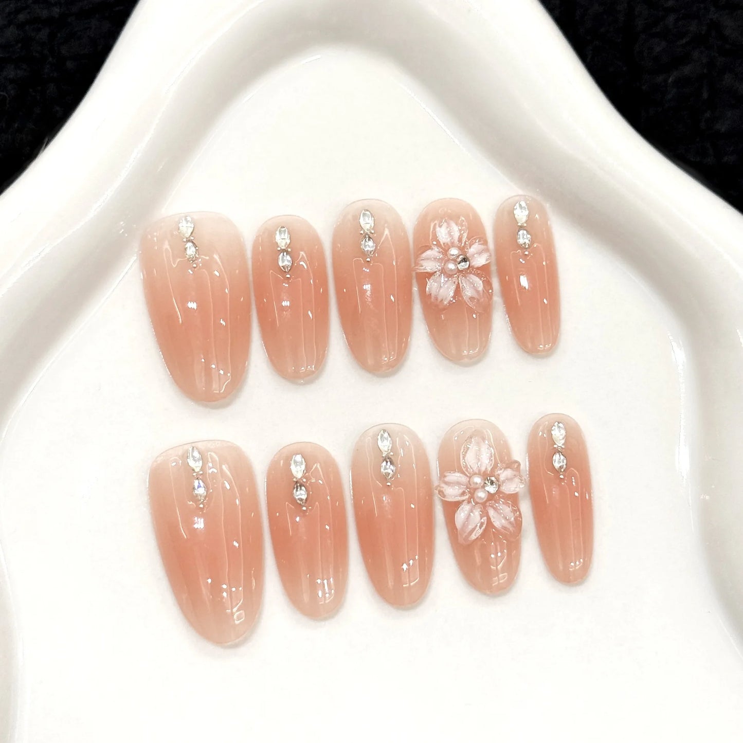 Press On Nails Pink Almond Cat Eye Korean Flower Design – 10pc Press-On Nails Peaceful Pleasures Health and Wellness S