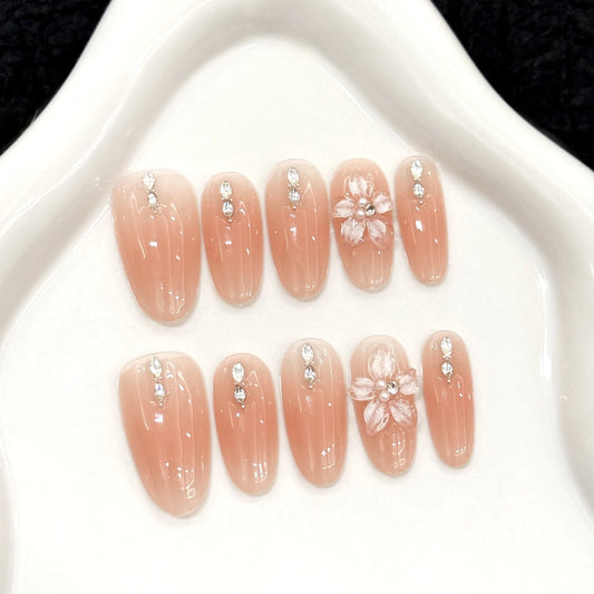 Press On Nails Pink Almond Cat Eye Korean Flower Design – 10pc Press-On Nails Peaceful Pleasures Health and Wellness S