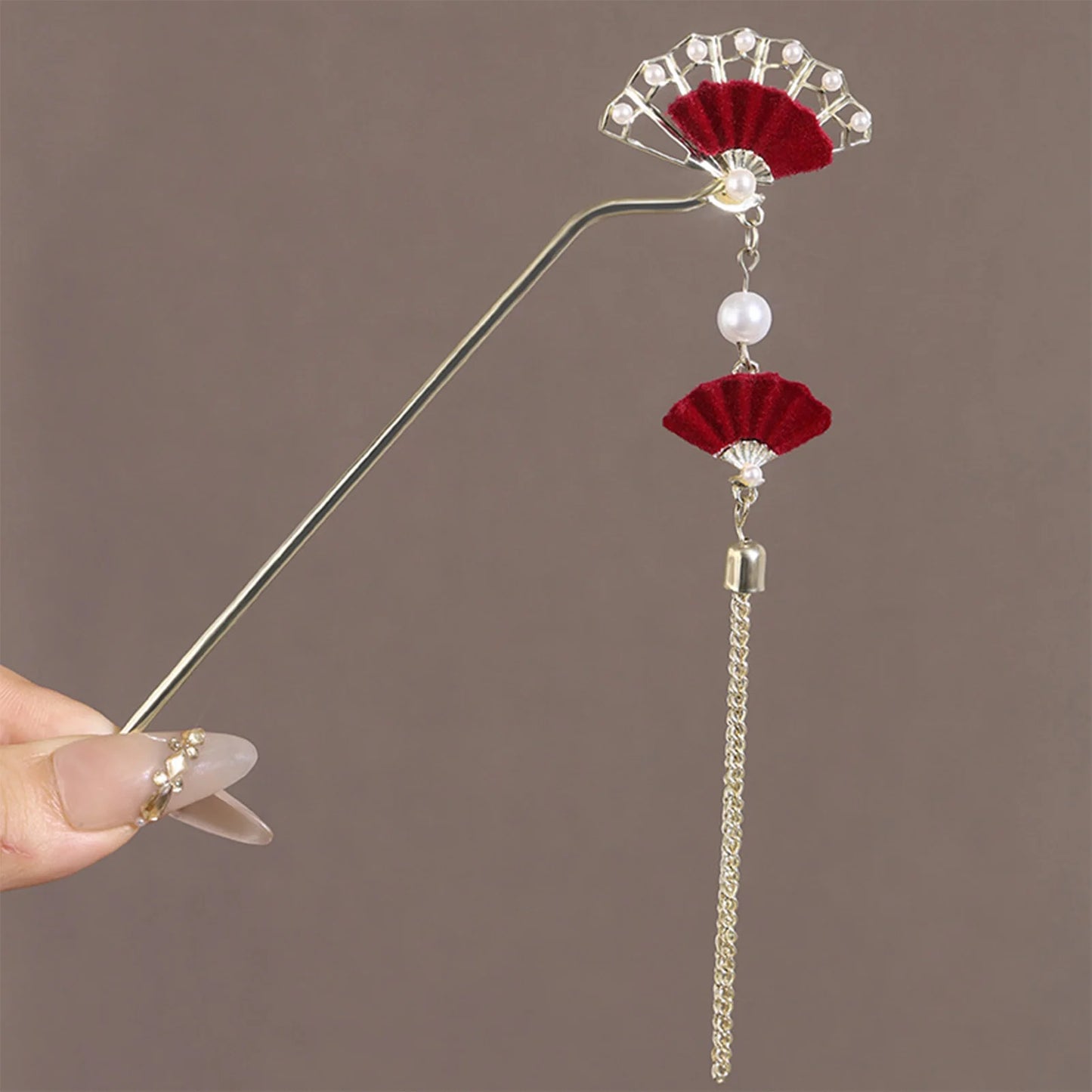 New Chinese Style Fan Shaped Hairpin with Oearls Tassel Vintage Bridal Hair Accessories Handmade Hanfu Hair Sticks for Women Peaceful Pleasures Health and Wellness A