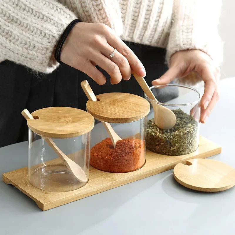 Kitchen Glass Condiment Jars Set Clear Spice Salt Container with Tray Coffee Beans Organizer Bottle Dust-Proof Seasoning Bottle Peaceful Pleasures Health and Wellness