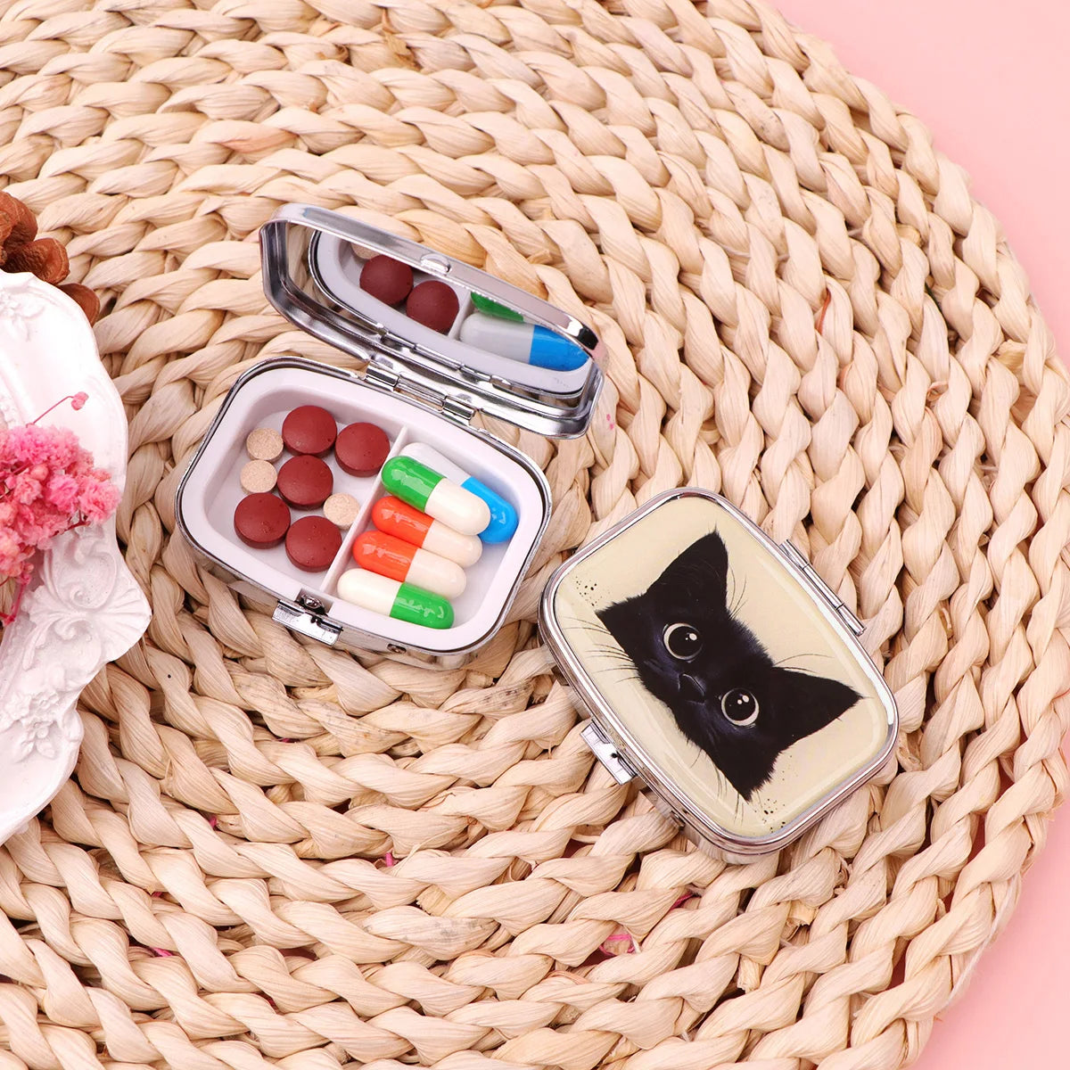 Black Cat Pill Boxes Cartoon Animal Sealed Subpackage Case Portable Travel Jewelry Box Mini Organizer Storage Medicine Case Peaceful Pleasures Health and Wellness