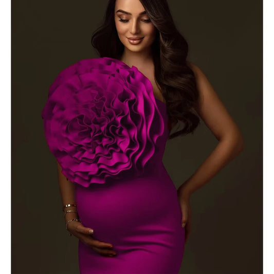 Red Maternity Photoshoot Dress - Stretch Polyester Bodycon Gown with Oversized Handmade Flowers - Baby Shower & Pregnancy Photo Peaceful Pleasures Health and Wellness