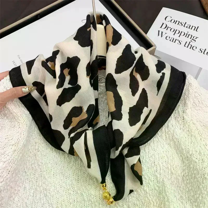 70x70 Retro Print Square Silk Scarf with Magnetic Buckle