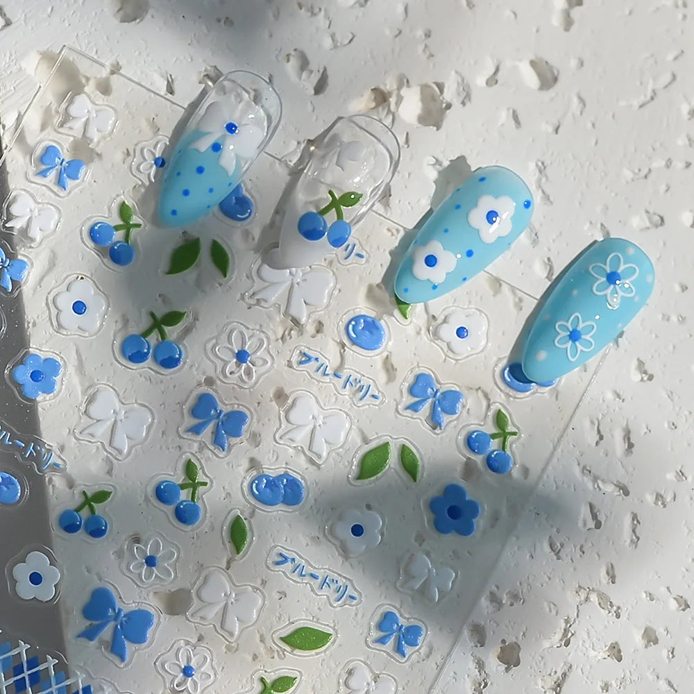 Blueberry Floral Nail Stickers | Blue White Bow Manicure Decals