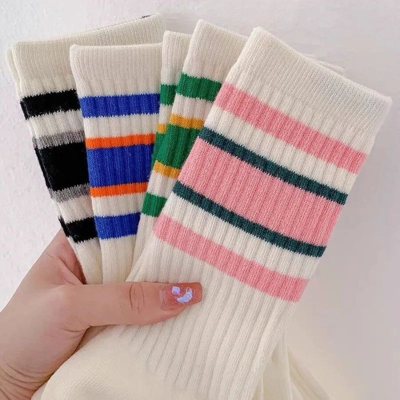 Striped Cotton Crew Socks Korean Streetwear Mid-Calf 10 Pairs