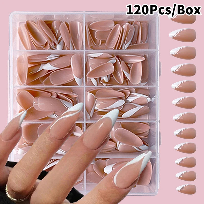 120/240/360Pcs/Box Glossy Soft Gel Pink French Nail Tips Medium Almond White Simple Press On Nails Huge Capacity False Nails Peaceful Pleasures Health and Wellness 120Pcs C