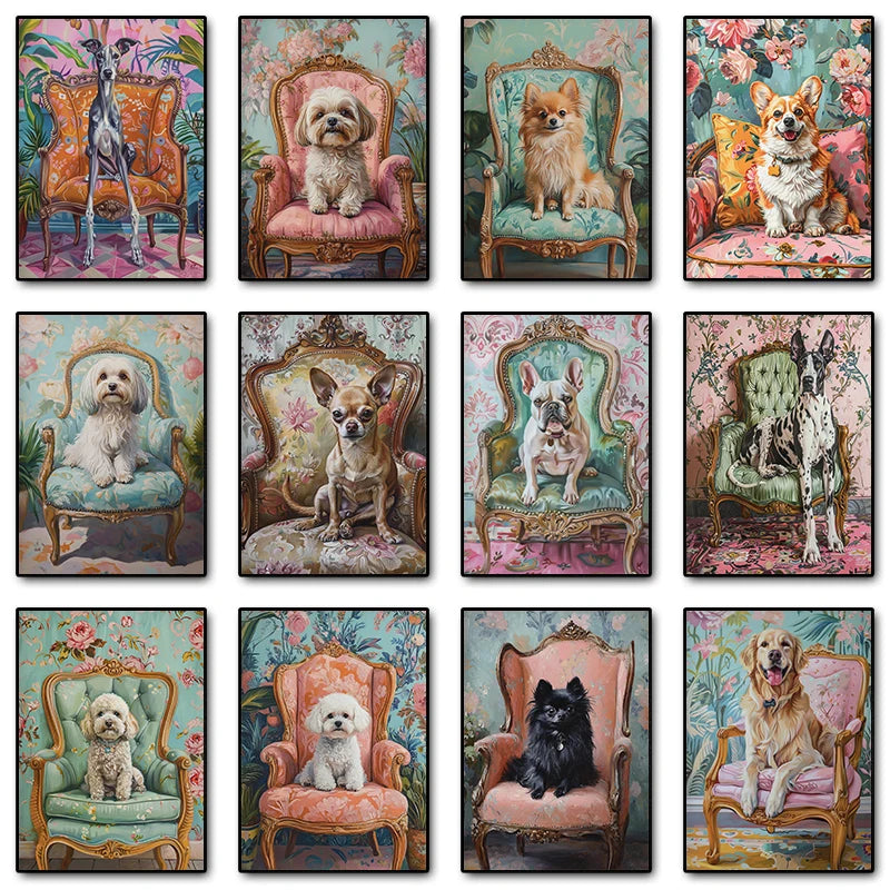 Dog on Stool Retro Canvas Wall Art | Bichon Frise Pomeranian
