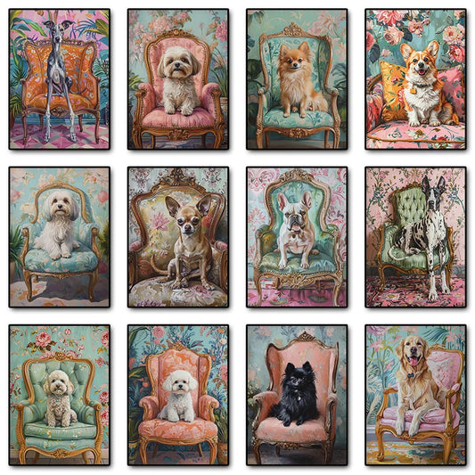 Dog on Stool Retro Canvas Wall Art | Bichon Frise Pomeranian Canvas Wall Art Print Peaceful Pleasures Health and Wellness
