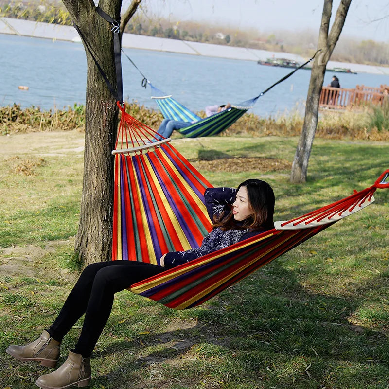 Outdoor Camping Indoor Swing Thickened Colored Strips Adult Double Anti-rollover Canvas Hammock No Wooden Sticks Peaceful Pleasures Health and Wellness