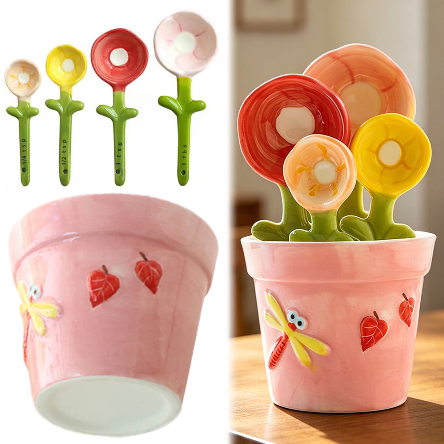 Ceramic Flower Measuring Spoons Holder Set With Holder,Charming Kitchen Decor For Room Decor,For Baking Cooking Accesories﻿ Peaceful Pleasures Health and Wellness