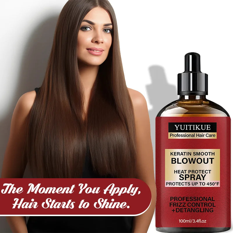 YUITIKUE Keratin Smooth Blowout Heat Protect Spray 100ml Up to 450°F Frizz Control Detangling Hair Care Peaceful Pleasures Health and Wellness