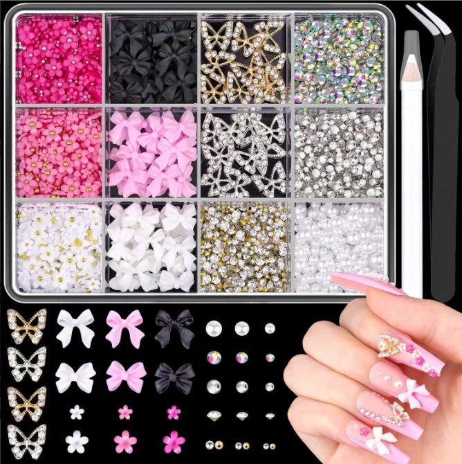 1 Box Multi Ribbon Bow Resin Nail Decoration Mixed Alloy Pearl Love
