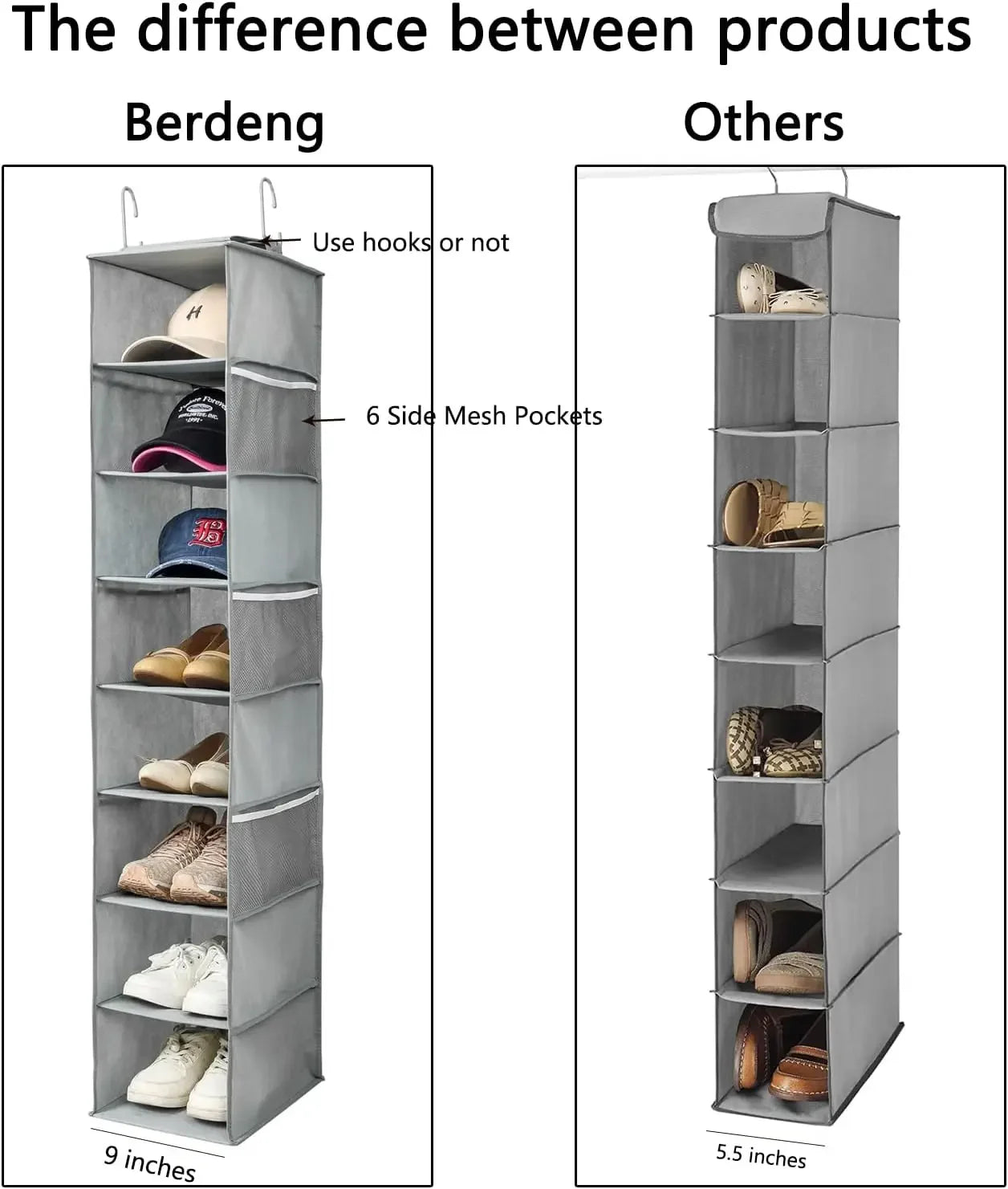 8-Shelf Gray Hanging Shoe and Hat Organizer with Mesh Pockets for Closet Storage Peaceful Pleasures Health and Wellness