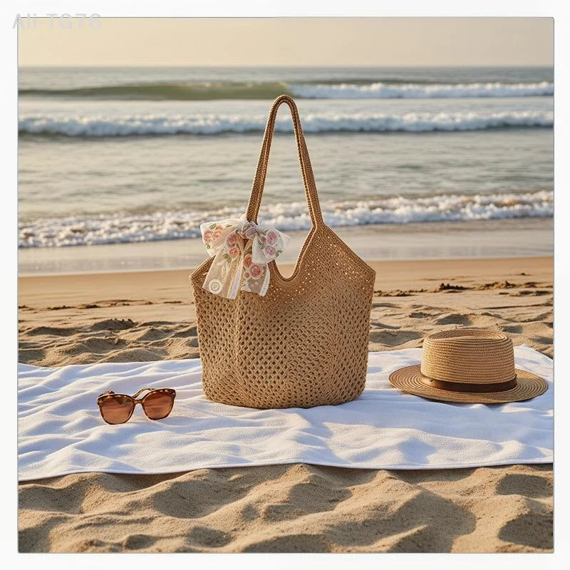 Handmade Woven Straw Beach Tote Bag – Large Women's Shoulder Bag
