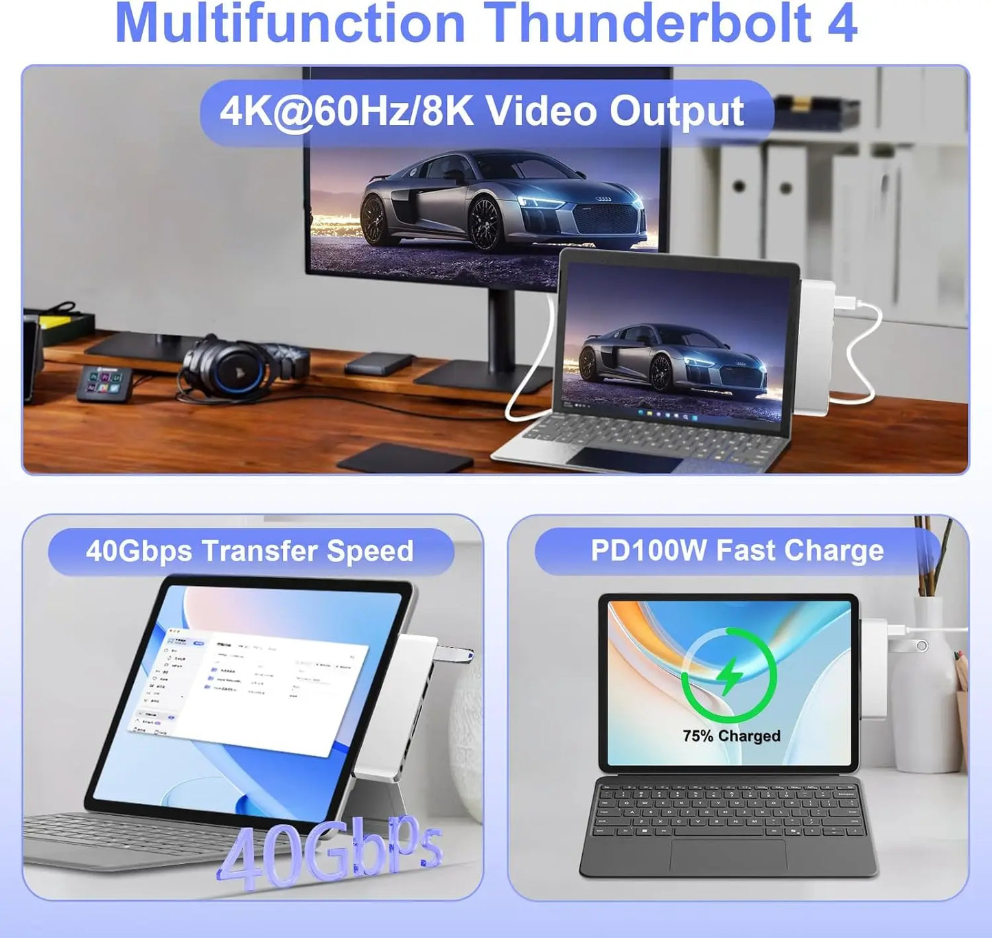 Multifunctional Thunderbolt 4 device with laptop, monitor, and tablet on a desk.