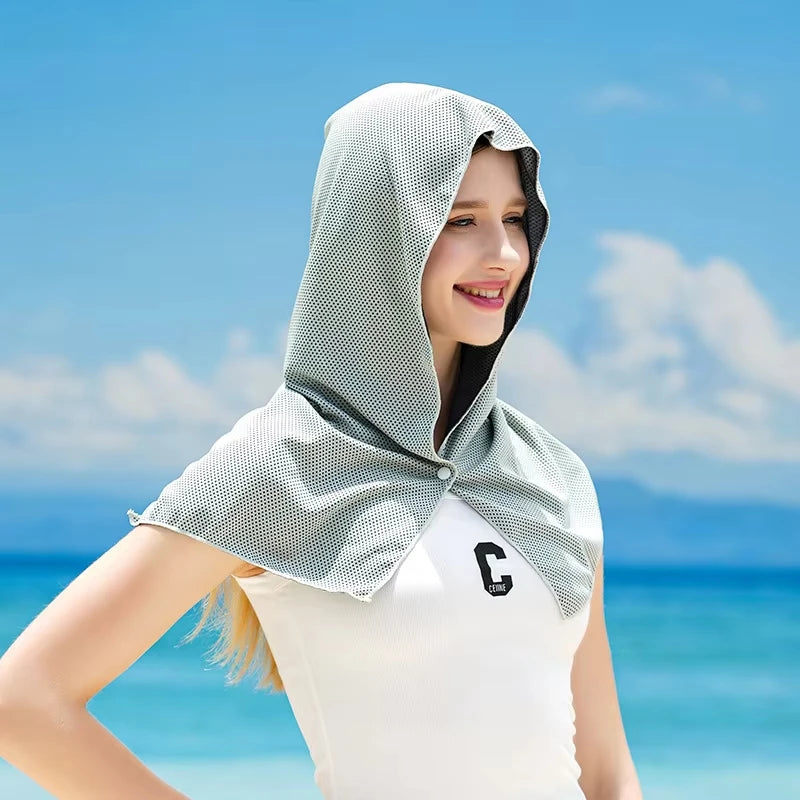 Summer Cooling Hoodie Towel Sweat-absorbent Cool Anti-UV Cycling Soft Cold Sensing Quick-drying Scarf for Fitness Hiking Fishing Peaceful Pleasures Health and Wellness grey