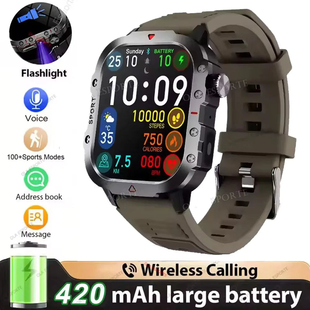 2026 Outdoors Durable Men Sports Smart Watch 1400mAh Battery LED Flashlight Waterproof Bluetooth Call Military Smartwatchs HW12 Peaceful Pleasures Health and Wellness 2.01 Brown Smartwatch