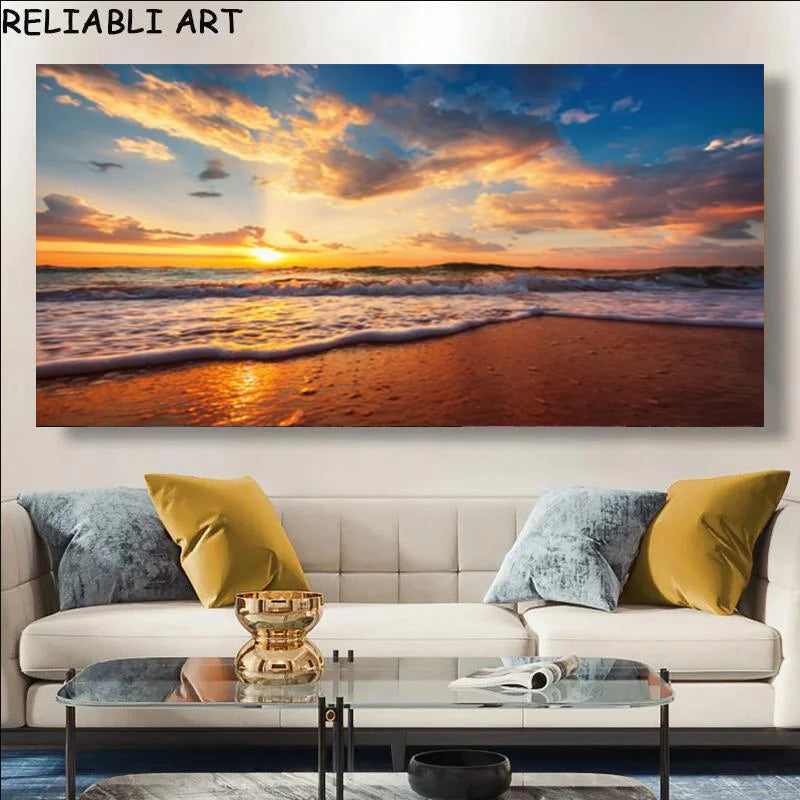 Modern Large Size Landscape Poster Wall Art Canvas Painting Sunset Beach Picture For Living Room Bedroom Home Decor No Frame Peaceful Pleasures Health and Wellness x sea 111-7 50x100cm