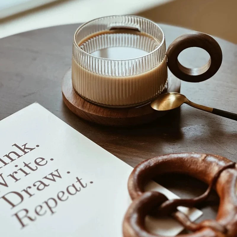 Walnut Coffee Cup Ins with Antique Style Solid Wood Handle and High Borosilicate Glass Milk Cup Peaceful Pleasures Health and Wellness