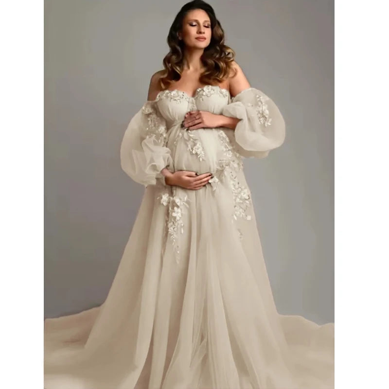 Hand-Finished Pink Maternity Photo Gown - Off-Shoulder Sheer Tulle Dress Embroidery Appliques - Baby Shower Pregnancy Shoot Robe Peaceful Pleasures Health and Wellness LT CHAMPAGNE US 8