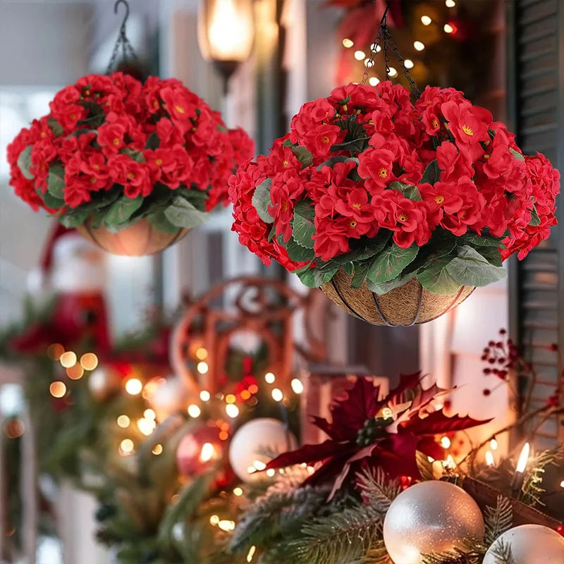 2Pcs Artificial Silk Geranium Flowers | Red Fake Plants for Home